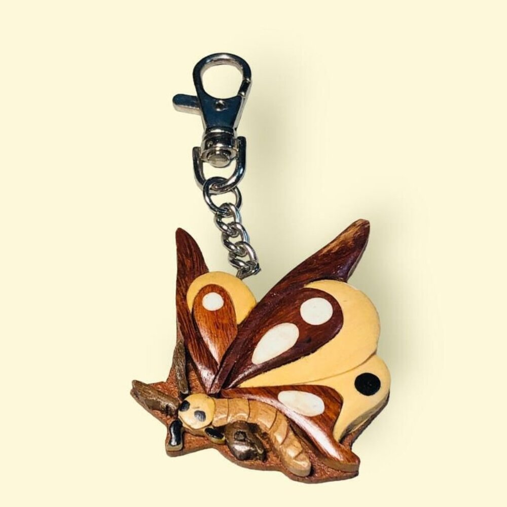Wood Butterfly Keychain Keyring Insect